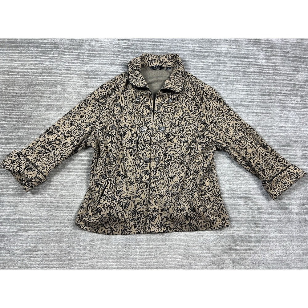 Toni Morgan Blazer Jacket Womens Petite Large PL Beige Button Front 3/4 Sleeve‎